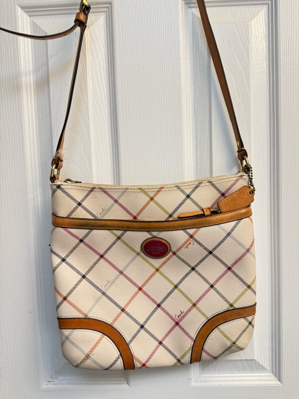 Coach Cream Crossbody Bag with Multicolor Plaid and Tan Trim